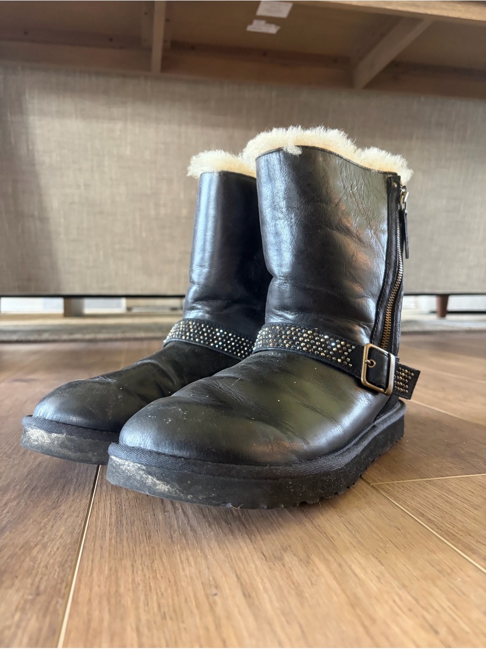 Ugg Black leather Studded Moto Boots - Shearling Lined